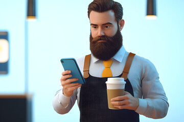 Sticker - A bearded man in office attire holding a coffee cup and phone, engaging in multitasking activities in a modern setting.