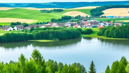 Wall Mural - Beautiful summer village and lake scenery, natural green landscape