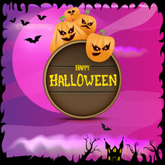 Poster - Happy Halloween banner with bats, cat, castle, graveyard and Halloween scary pumpkins isolated on spooky night background . Funky kids Halloween banner with greeting text