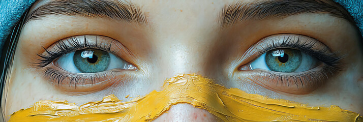 Wall Mural - Close-up of a woman's piercing blue eyes with yellow paint.