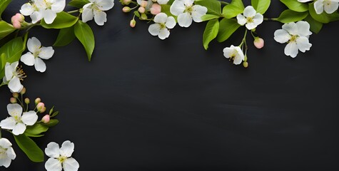 Wall Mural - white apple blossoms frame on black background
