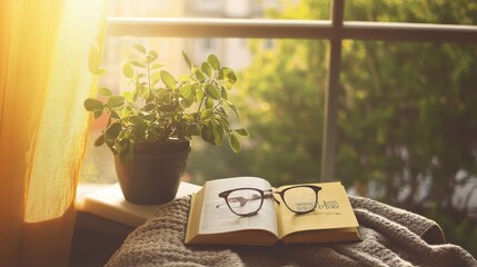 Cozy Reading Nook with Potted Plant and Glasses