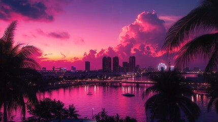 Poster - Sunset over the waterfront city skyline reflecting vibrant colors on the calm water with palm trees in the foreground