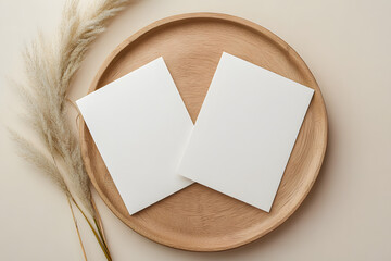 Canvas Print - Blank paper cards, Greeting card Mockup with pampas grass on a wooden plate, beige background, Minimal beige workplace composition, flat lay, mockup