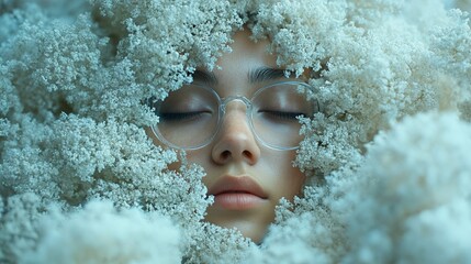 Poster - Woman with Closed Eyes Surrounded by White Flowers