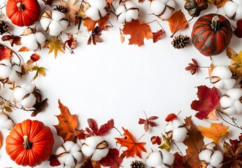 Wall Mural - autumn leaves, pumpkins, and cotton balls frame