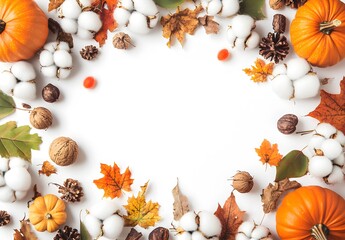Wall Mural - autumn leaves, pumpkins & cotton balls frame