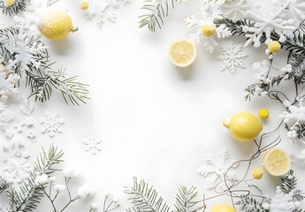 Wall Mural - winter wonderland: lemons, snowflakes, pine branches