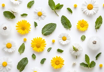 Poster - Spring Floral Pattern with Daisies, Mint, & Dandelions