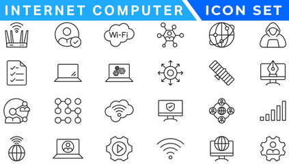 Internet computer line icon set. Website icon for contact icons. Computer, network, website, server, web design, hardware, software and more. Website set icon vector