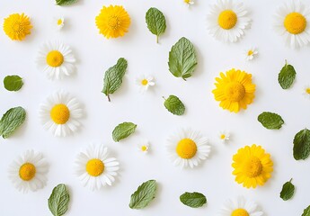 Wall Mural - floral flat lay: daisies, mint leaves on white