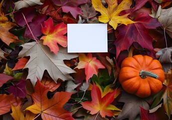 Wall Mural - blank card autumn leaves pumpkin mockup