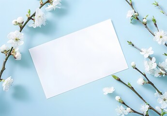 Wall Mural - blank card with white flowers frame on blue background