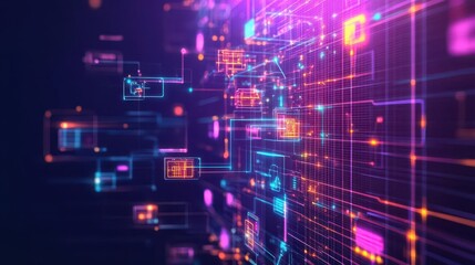 Poster - Digital grid with glowing holographic interfaces and tech diagrams floating in the air, dark purple background, neon highlights, digital art
