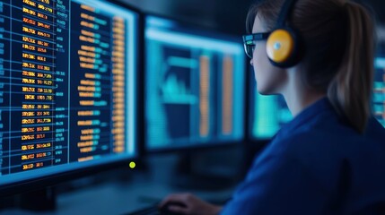 Female Programmer Analyzing Data on Multiple Screens