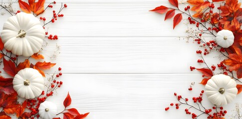 Wall Mural - autumnal white pumpkins & red berries on white wood