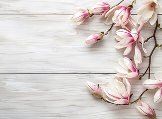 Wall Mural - white wooden background with magnolia flowers