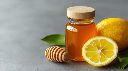 Wall Mural - Honey Jar and Lemon on Gray Background