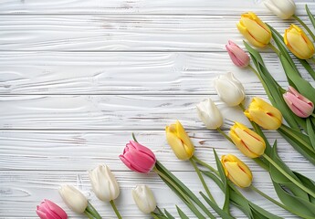Wall Mural - colorful tulips on white wooden background