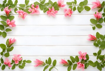 Wall Mural - pink flower frame on white wooden background