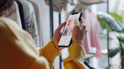 A person shopping through a mobile e-commerce app, navigating a user-friendly interface with personalized product recommendations and secure payment options.