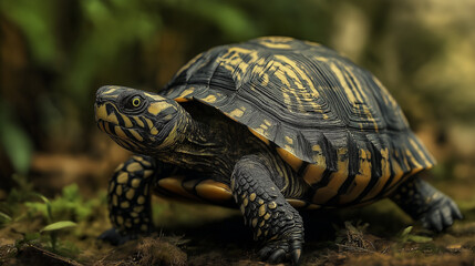 Black and yellow turtle walking in the forest