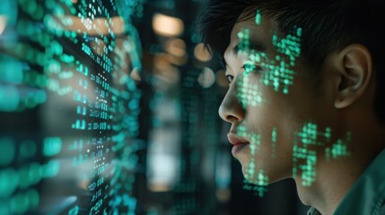 Fototapete - A man is looking at a computer screen with a green screen