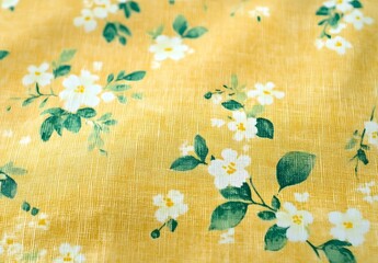 Sticker - Yellow Floral Fabric with White Flowers and Green Leaves