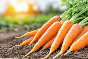 Freshly harvested organic carrots lie on rich soil, showcasing their vibrant orange color and healthy greens. warm sunlight enhances natural beauty of these nutritious vegetables