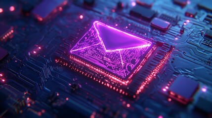 A glowing pink email icon on a futuristic circuit board, representing digital communication and technology.