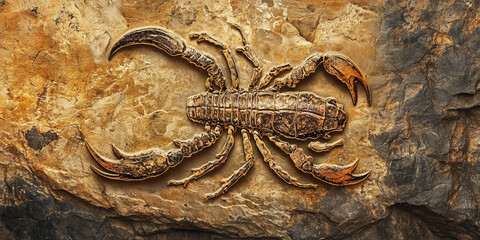 Fossilized imprint of an ancient scorpion in sedimentary rock, animal illustration