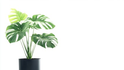 a Monstera plant in front view on a white background, in a black pot Web banner with copy space Generative AI