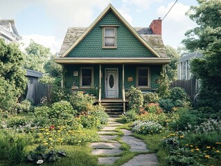 Canvas Print - Charming Green House with Lush Garden and Stone Path