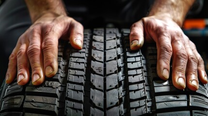 closeup of hands holding a tire