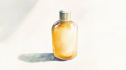 A glass bottle filled with amber liquid placed on a light background during natural lighting conditions