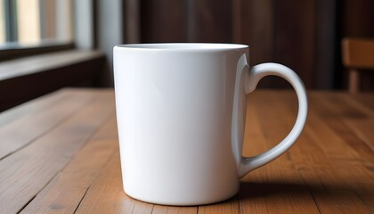 Wall Mural - A white ceramic mug mock up on a wooden table 