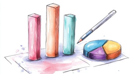 Aufkleber - Colorful bar graphs and pie chart illustrating data trends on paper with a pen beside them