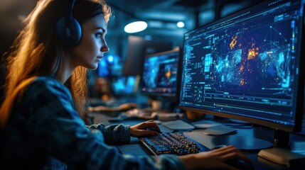 Leinwandbilder - Focused woman working on computer programming in a dimly lit tech environment surrounded by multiple screens