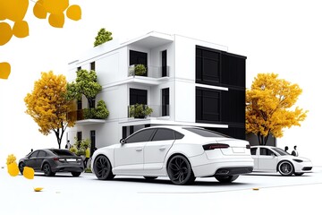 Aufkleber - Minimalist urban street scene, with clean lines representing buildings, cars, and pedestrians in a simple design