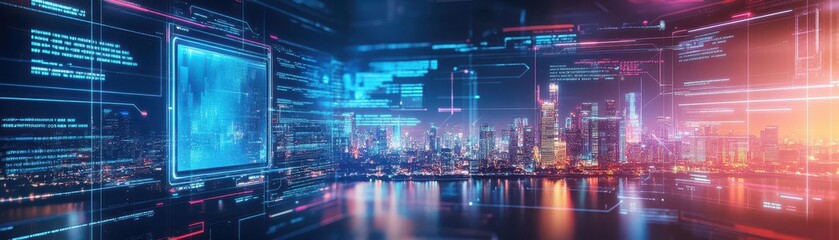 Poster - Ultramodern workspace, holographic screens, futuristic cityscape backdrop, tech glow