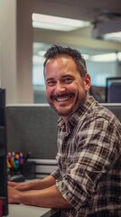 Poster - A man is smiling and sitting at a desk with a computer