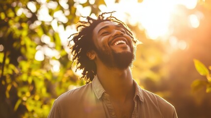 Joyful man enjoying sunlight in a lush garden during golden hour with a radiant smile on his face