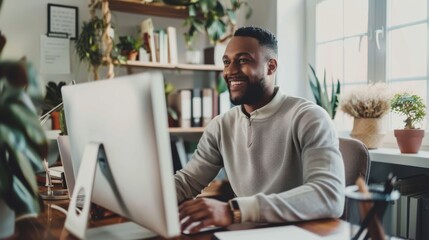 Fototapete - A man is sitting at a desk with a computer monitor in front of him