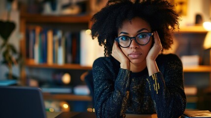 Sticker - Thoughtful Woman in Cozy Home Office Setting