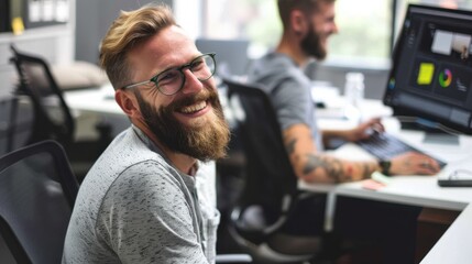Fototapete - A man with a beard and glasses is smiling at the camera