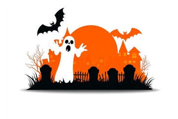 Aufkleber - Simple haunted Halloween graveyard icon, with tombstones and a ghostly figure in a clean, minimalistic style