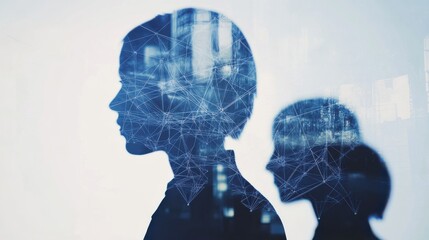 Aufkleber - Silhouetted figures of two women with a network overlay, symbolizing connection and technology in a modern city setting