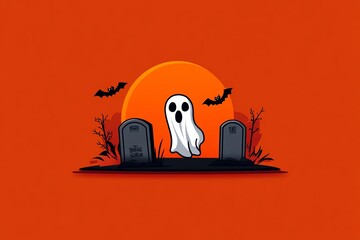 Aufkleber - Simple haunted Halloween graveyard icon, with tombstones and a ghostly figure in a clean, minimalistic style