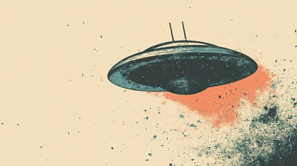 A stylized illustration of a flying saucer with a retro-futuristic aesthetic, surrounded by a cloud of space dust.