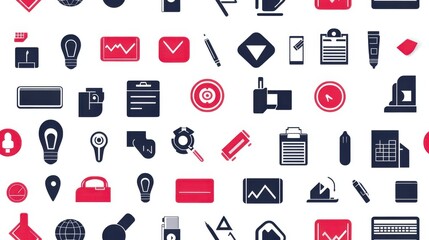 Aufkleber - Colorful collection of diverse office and business icons on a white background showcasing tools and elements for productivity and creativity